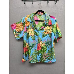 King Kamehameha Shirt Mens XL Blue Hawaiian Aloha Floral Print Pineapple Camp